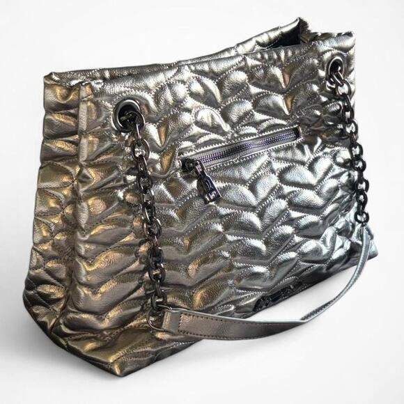 Betsey Johnson Quilted Metallic Hearts Shoulder Bag Everyday Tote - Picture 2 of 8